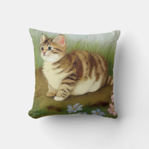 Coussin Illustration vintage Kitten avec fleurs