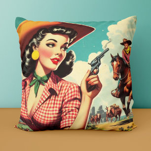 Coussin Illustration vintage Pulp Cowgirl