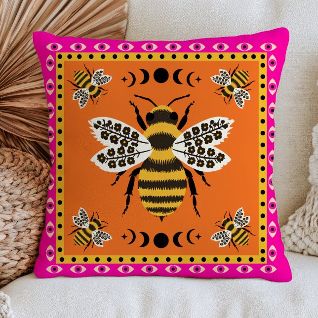 Coussin Illustrations d'abeilles sur fond orange brûlé flo (Créateur téléchargé)