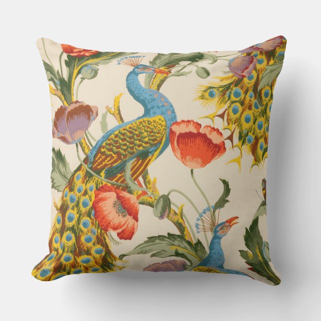 Coussin Illustrations de Peacock et de poppies vintages (Recto)