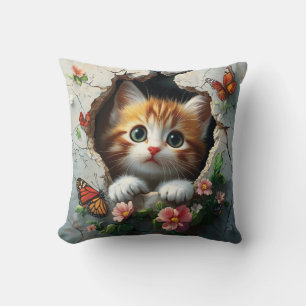 Coussin Image 3D d'un petit chaton mignon regardant dehors
