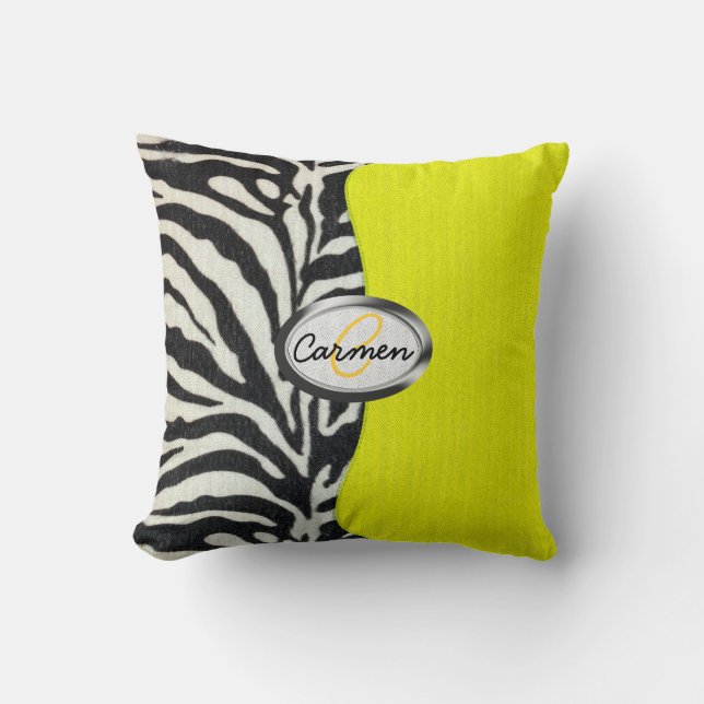 Coussin Image de copie de zèbre et de monogramme jaune au (Recto)