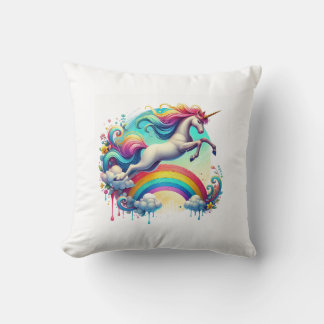 Coussin image magique d'une licorne sautant sur l'arc-en-c
