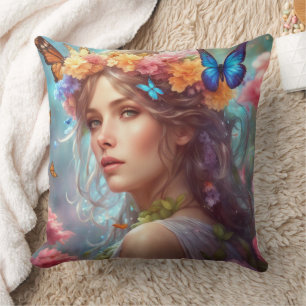 Coussin Imaginaire Belle Fée Papillons Jardin Fleur