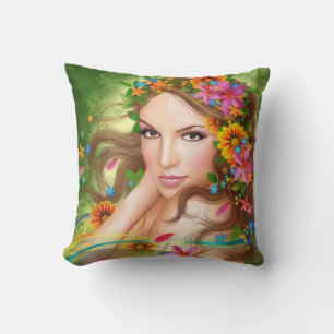 Coussin Imaginaire Belle femme de fée avec fleurs