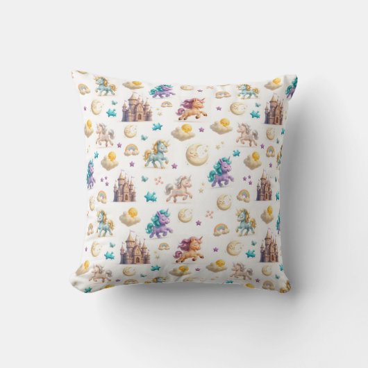 Coussin Imaginaire Whimsical Pastel Unicorns et Châteaux (Recto)