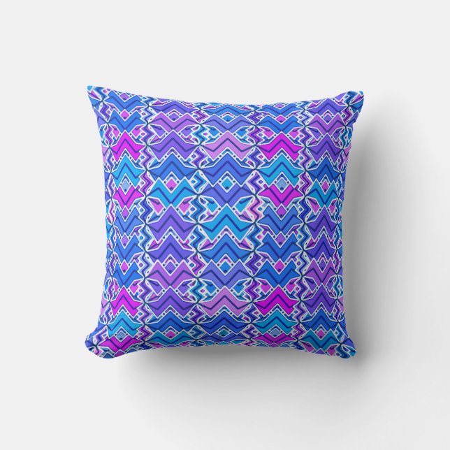 Coussin Impression batik tribal, bleu, violet et blanc (Recto)