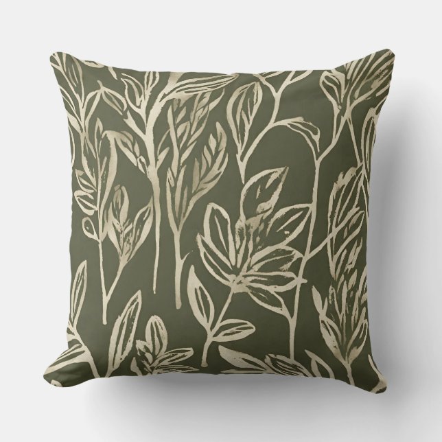 Coussin Impression botanique abstraite vert olive beige (Recto)