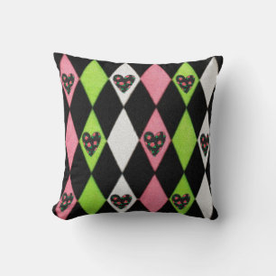 Coussin Impression colorée d'Arlequin avec des cœurs de ro