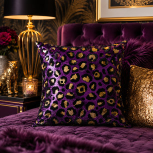 Coussin Impression d'animaux à motif léopard violet et or