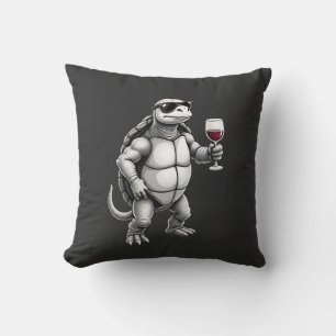 Coussin impression d'art de tortue cool buvant du vin roug