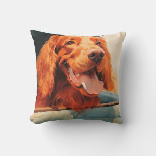 Coussin Impression d'art du chien rouge à la fenêtre d'un 