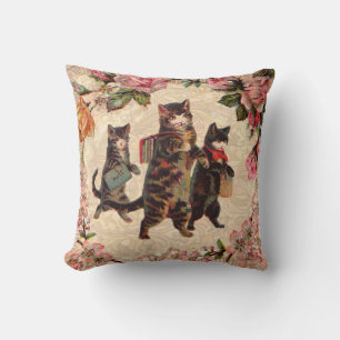 Coussin Impression de chatons vintage allant à l'école : V