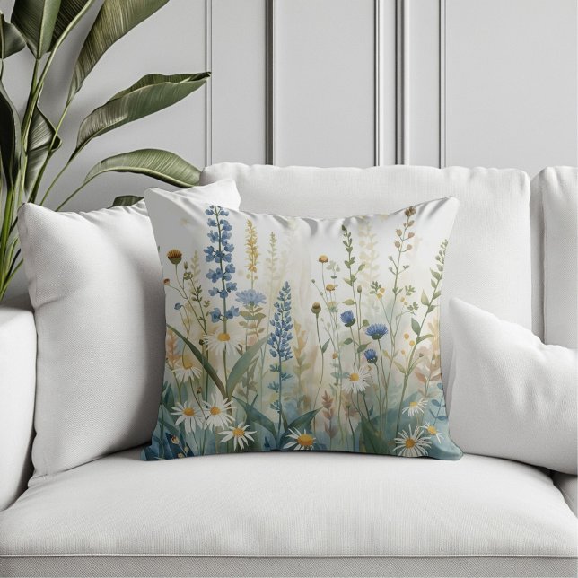 Coussin Impression de jardin de fleurs sauvages bleu vert  (Créateur téléchargé)
