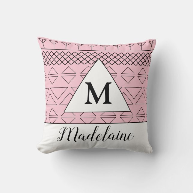 Coussin Impression de motif géométrique rose avec nom et m (Recto)