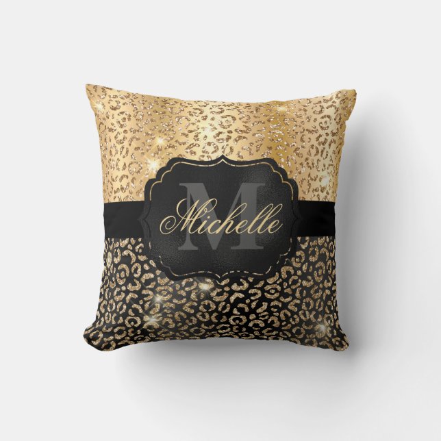 Coussin Impression de taches de léopard pailletées de noir (Recto)