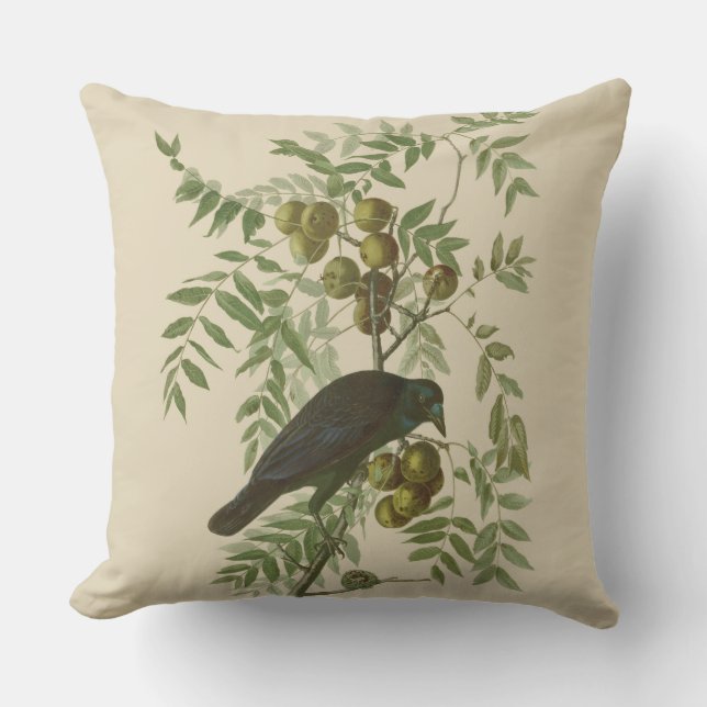 Coussin Impression d'oiseau Grackle Violet d'Audubon Botan (Recto)