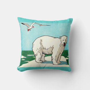 Coussin impression d'ours polaires et de mouettes