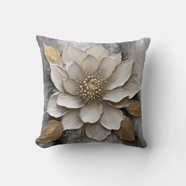 Coussin Impression Fleur Or Gris Blanc (Recto)