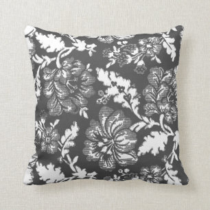 Coussin Impression florale gris-foncé vintage rustique