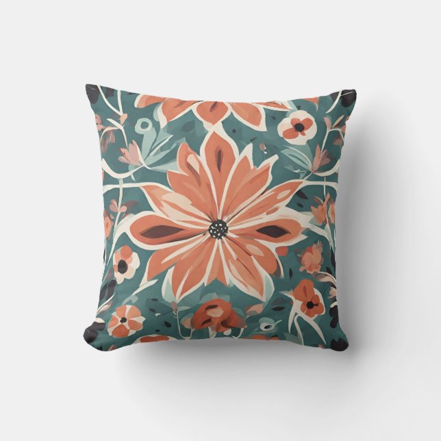Coussin Impression florale moderne en orange, blanc, noir, (Recto)