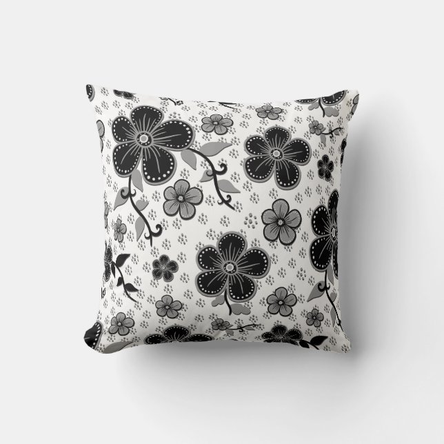 Coussin Impression florale noire et blanche (Recto)
