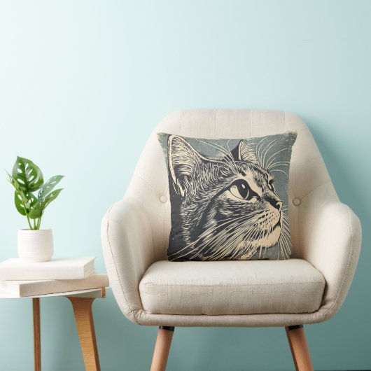 Coussin Impression Vintage Lino Tabby Cat (Chaise)