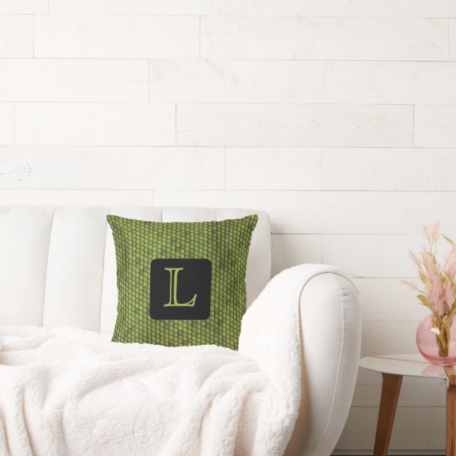 COUSSIN IMPRIMANTE FAUX VERT LIZARD, MONOGRAMME (Canapé)