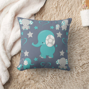 Coussin Imprimé à motif éléphants bébé bleu sarcelle et gr
