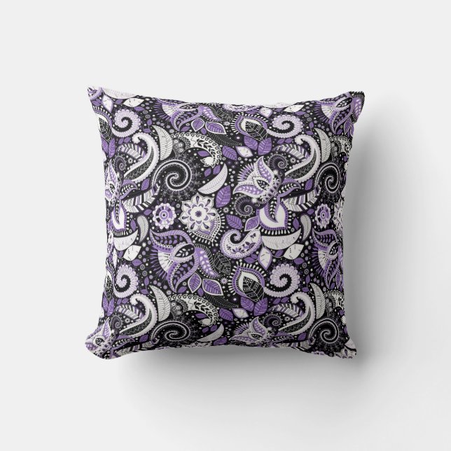 Coussin Imprimé à motifs paisley violet blanc noir (Recto)