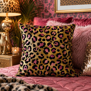 Coussin Imprimé animalier léopard doré et rose