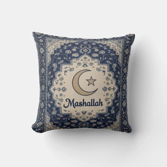 Coussin imprimé bleu Machallah décoration Ramadan (Recto)
