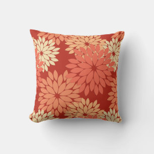 Coussin Imprimé de kimono floral moderne, orange mandarine