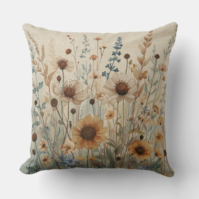 Coussin Imprimé Fleur de Champ Beige Bleu Marron Neutre (Recto)