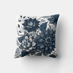Coussin Imprimé floral bohème bleu et blanc