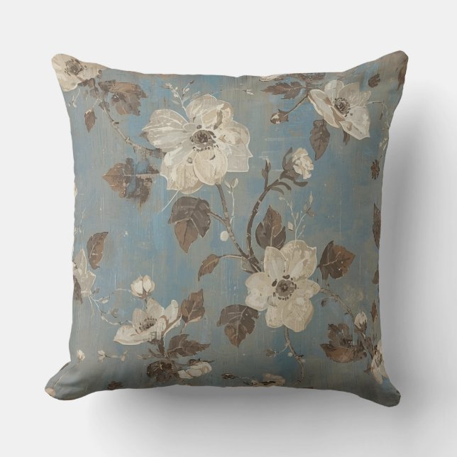 Coussin Imprimé floral marron bleu clair rustique (Recto)