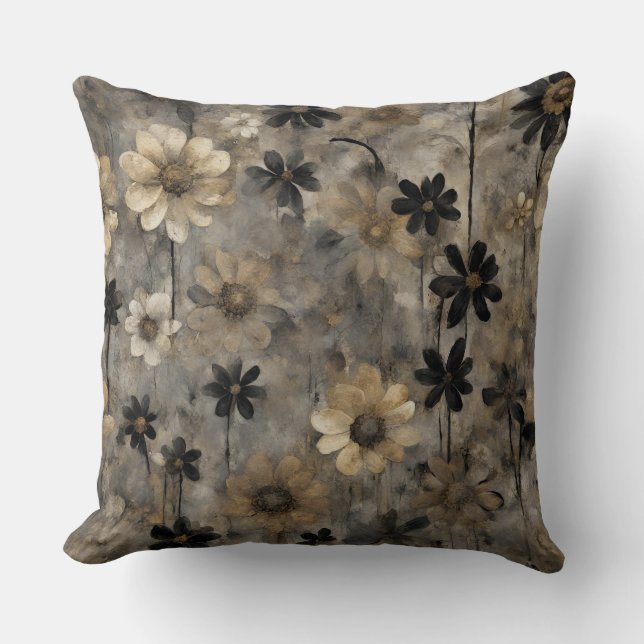 Coussin Imprimé floral noir gris or (Recto)