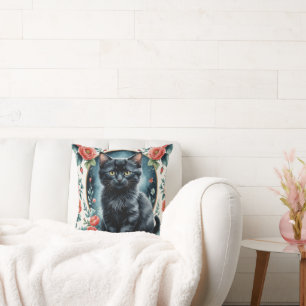 Coussin Imprimé Vintage Chaton Noir et Pivoines
