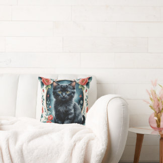 Coussin Imprimé Vintage Chaton Noir et Pivoines