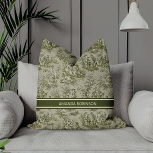 Coussin Imprimé vintage vert gris toile de jouy