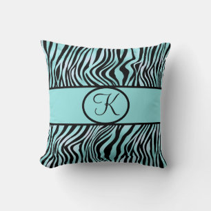 Coussin Imprimé zèbre monogrammé sarcelle turquoise aqua n