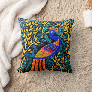 Coussin Indien Gond Art Peacock noir   Art de l'Inde