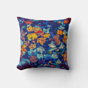 Coussin Indigo automne feuilles tourbillonnantes motif