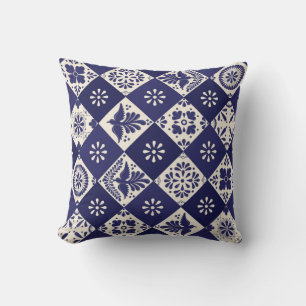Coussin Indigo beige foncé mexicain floral oiseaux Talaver
