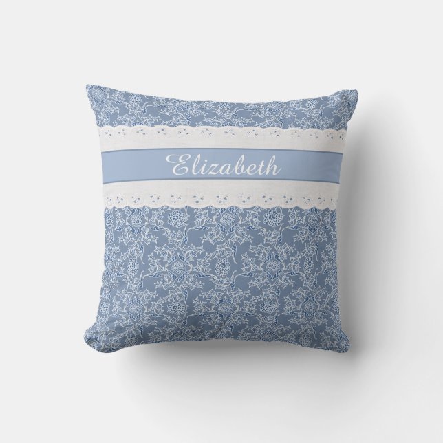 Coussin Indigo Blue Floral Faux Lace (Recto)