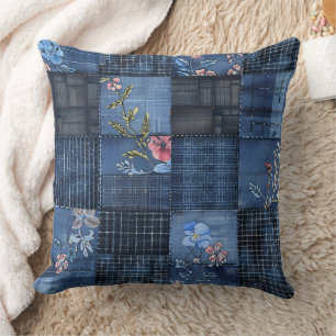 Coussin Indigo Floral Patchwork Motif   Boho Denim