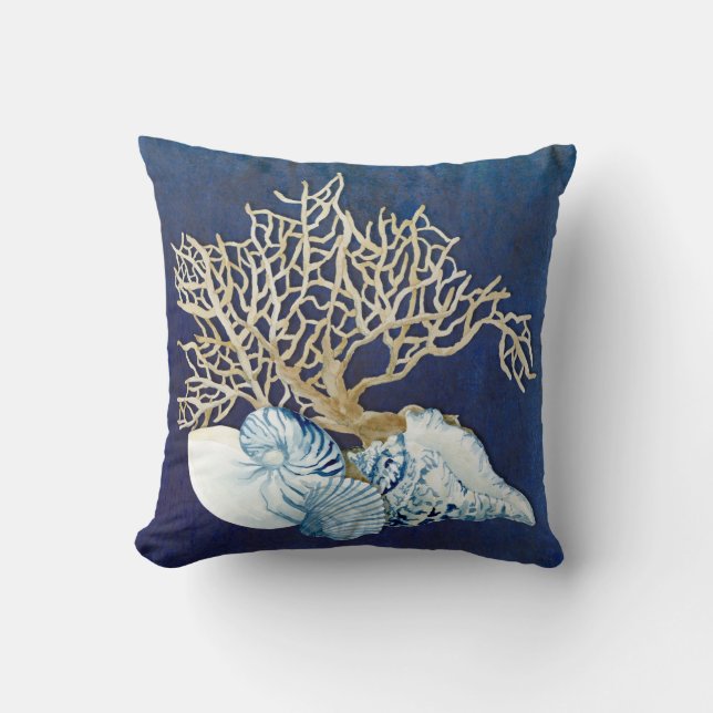 Coussin Indigo Ocean Coral Seashs Nautical Beach House (Recto)