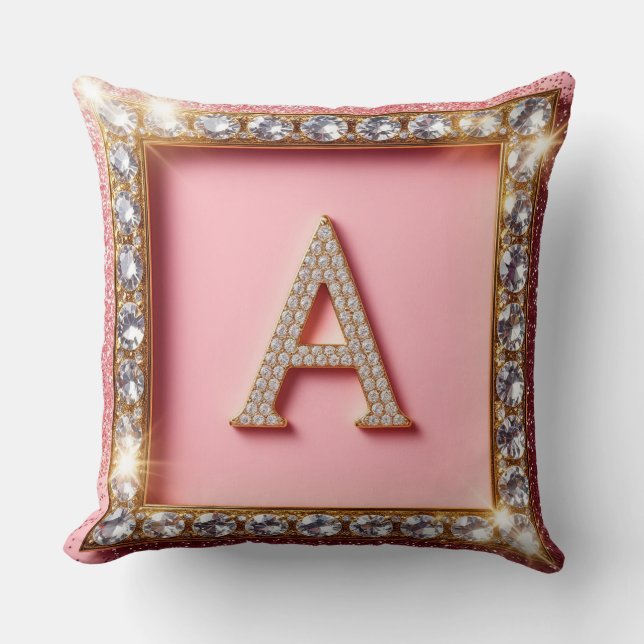 Coussin Initiale A Diamant Cadre Doré Paillettes Roses Mon (Recto)