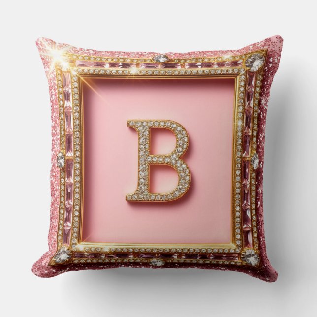 Coussin Initiale Diamant B Paillettes Roses Cadre Doré Mon (Recto)