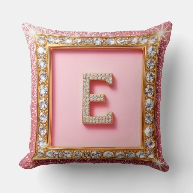 Coussin Initiale Diamant E Cadre Doré Fond Pailleté Rose M (Recto)